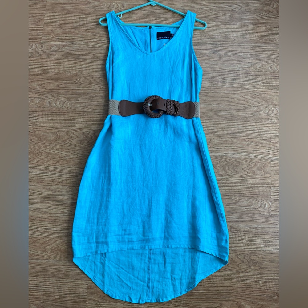 Blue Sleeveless Dress with Brown Belt